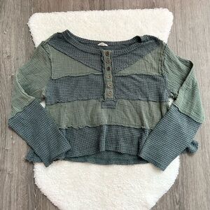 POL Patchwork Green Waffle Knit Long Sleeve Top